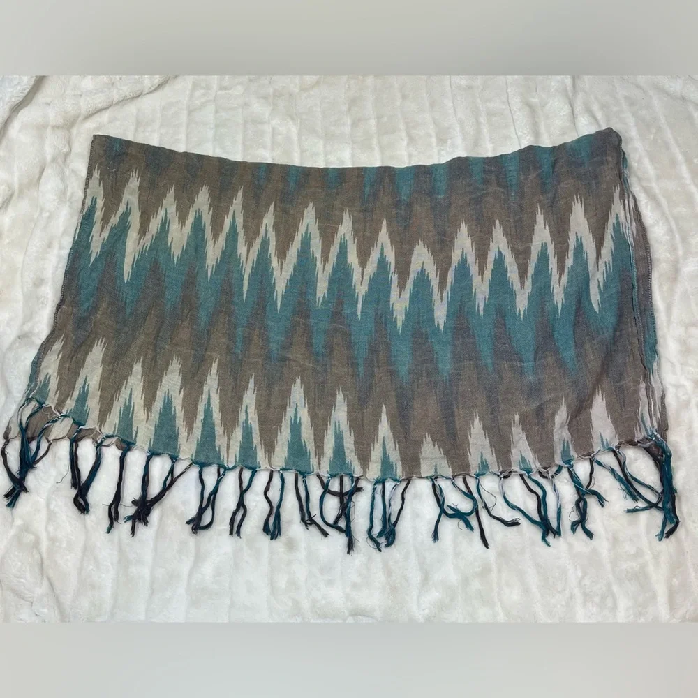 Ikat Boho Teal Brown Cream Fall Spring Tassel Scarf Travel Lightweight Semisheer